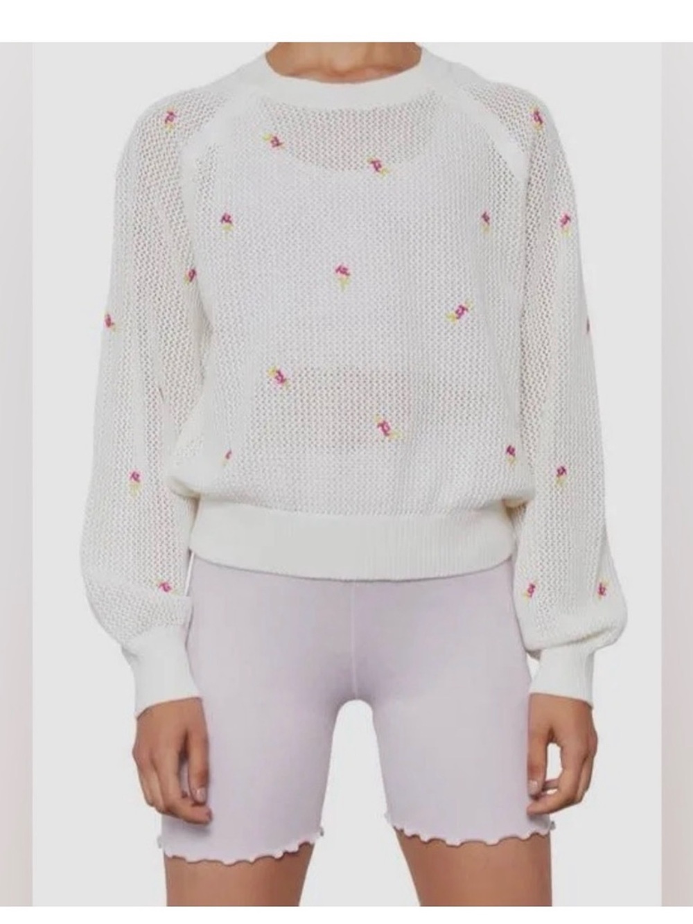 Spiritual Gangster White Open-Knit Sweater with Pink Floral Embroidery